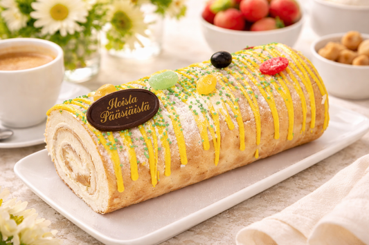 Aprikoositäytteinen pääsiäiskääretorttu lautaselle